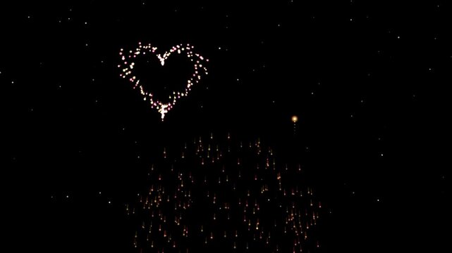 Colorful particles form a heart and evolve into a circular shape
