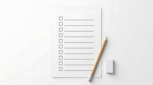 Blank checklist paper with a wooden pencil and a small eraser for planning tasks and writing notes. University submission checklist