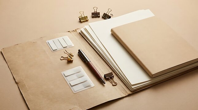 Open notebook with a pen and metal binder clips on a desk for business planning and study projects. University submission checklist