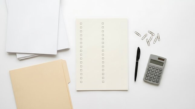 Top view of a blank checklist notebook with a pen and calculator on a clean organized office desk. University submission checklist