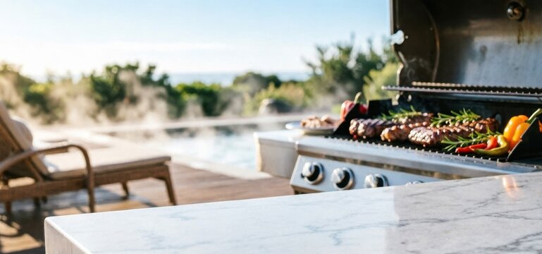 Outdoor Grilling With Meat And Vegetables By A Poolside For Summer Lifestyle