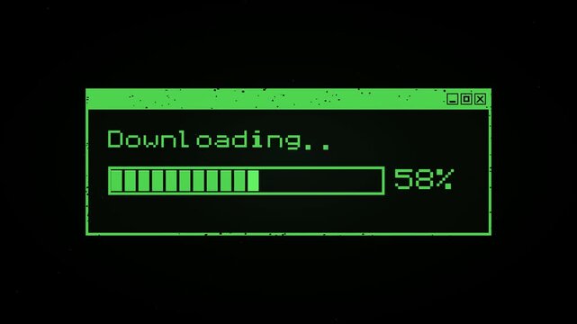 Retro computer loading window with neon green pixel border, Downloading text, and 8-bit horizontal progress bar advancing from 0 to 100 percent in a seamless 10-second loop.