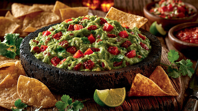 Spicy homemade guacamole with chopped tomatoes and tortilla chips in stone bowl