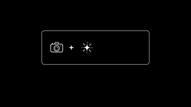 Minimalist monochrome white line animation on black background showing camera plus light flash equals photo frame with landscape inside an outline box, followed by Capture Moments text in a seamless 1
