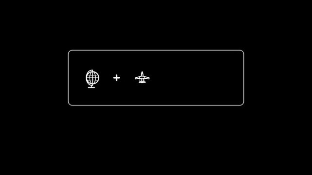 Minimalist monochrome white line animation on black background showing globe plus airplane equals curved travel flight route inside an outline box, followed by Explore More text in a seamless 10-secon