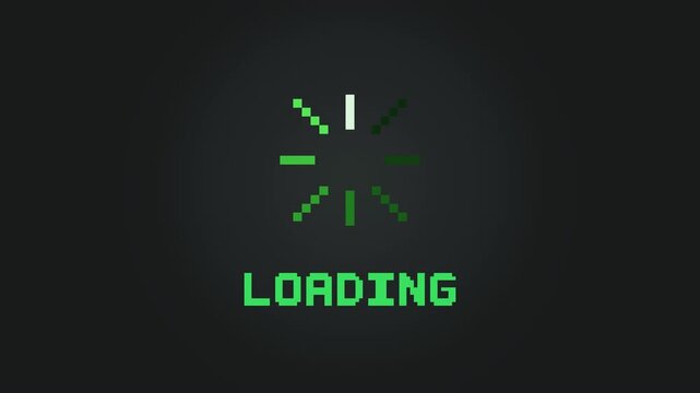 Retro 8-bit pixel loading spinner with eight radial green bars rotating in a circular sequence and LOADING text in a seamless 10-second loop.