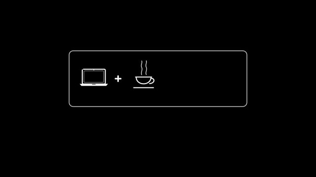 Minimalist monochrome white line animation on black background showing laptop plus coffee cup equals code inside a framed box, followed by Write Code text in a seamless 10-second loop.