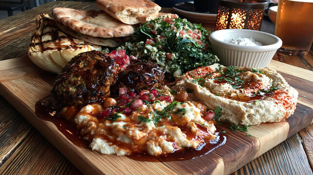 Middle eastern mezze platter served on a wooden board with hummus and grilled pita bread