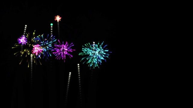 Colorful fireworks explode in a dark night sky during a celebration