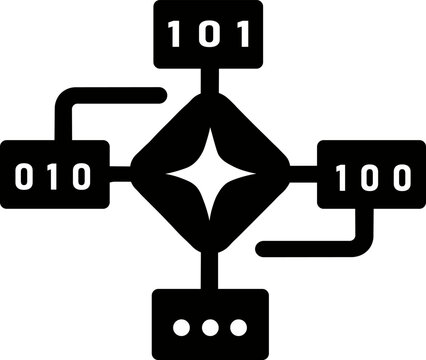 Binary code node algorithm icon with data encryption network 101 numbers software programming vector black isolated design