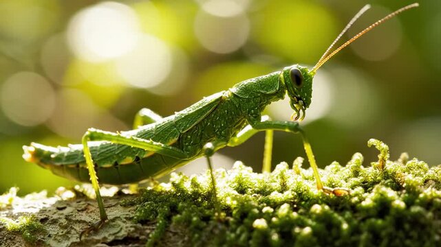 Green grasshopper perched on mossy branch in sunlight