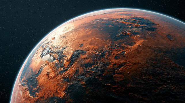 Orange glowing planet surface seen from deep space against a dark starry sky with outer