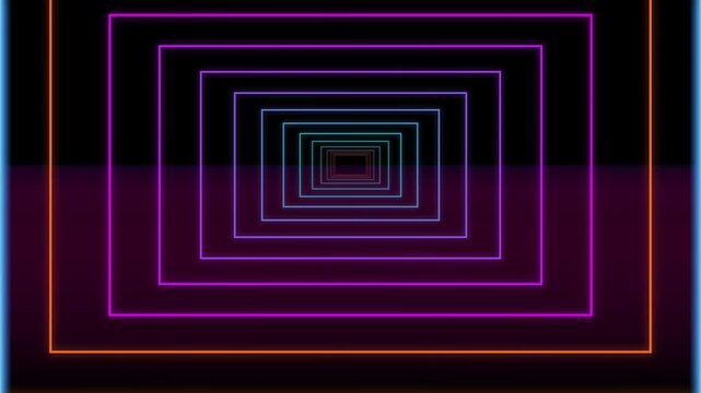 Neon squares recede into darkness creating an infinite tunnel effect