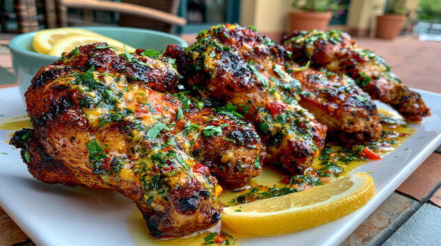 Grilled chicken pieces with a zesty herb sauce and lemon slices served on a platter