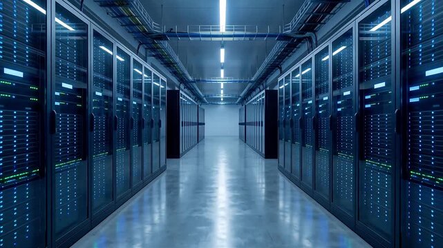 Modern data center corridor with rows of server racks and blinking blue LED lights, camera moving forward, cloud computing, big data and network infrastructure concept