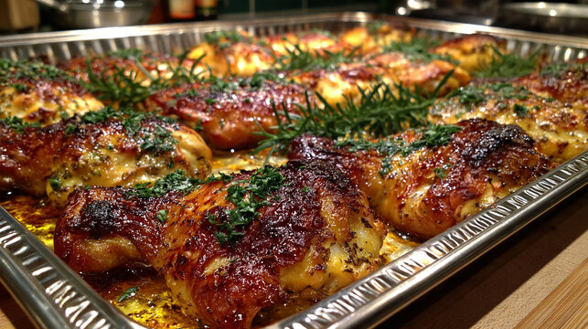Oven tray filled with perfectly golden brown roasted chicken thighs seasoned with aromatic