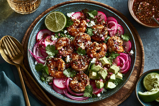 Fresh prawn salad bowl with avocado and pickled onions served on a table