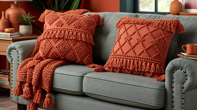 Cozy living room sofa decorated with orange knitted pillows and throw blanket