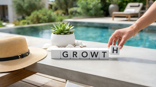 A hand placing a wooden cube with the letter h to complete the word growth by a sunny pool side