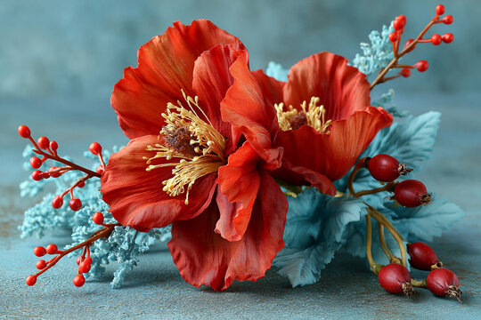 Artificial red flowers and wild berries for seasonal home holiday table centerpiece
