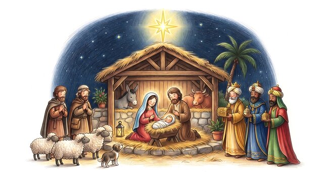 Nativity scene with shepherd and wise men for a holy Christmas