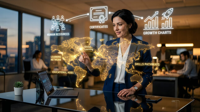Business woman interacting with digital growth charts and human resources icons in modern office