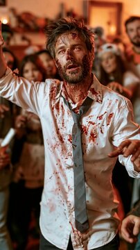Halloween Holiday Theme. a man in a white shirt and tie, covered in a thick layer of blood, is captured in a dynamic pose. He raises his right arm, fingers spread wide.