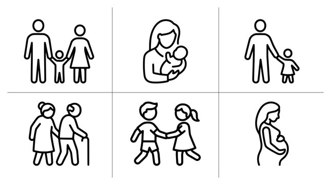 Family line icons set with parents, children, elderly couple, pregnant woman for lifestyle and people concepts
