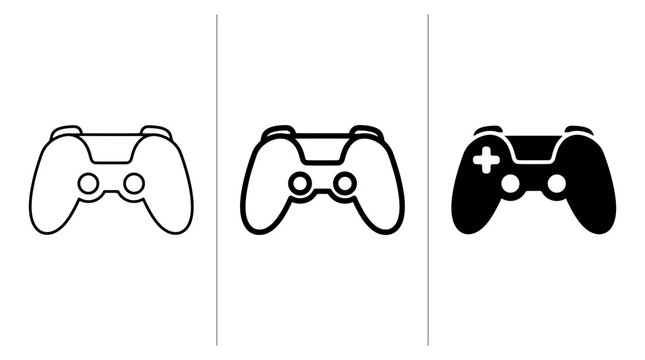 Video game controller icons set with outline and solid glyphs for gaming and entertainment