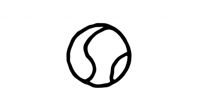 Tennis Ball For Sports And Recreation Doodle Animation. Racket Sport Equipment And Athletic Game Symbol. 4K Video Loopable Overlay Element. Hand-Drawn Animated Icon With Alpha Channel.