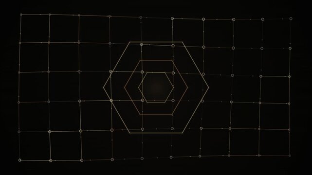 Glowing gold hexagonal patterns pulse over a dark digital grid in a seamless loop.
