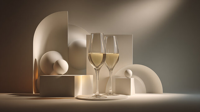 Champagne glasses gently clinking as the main subject, integrated into a minimal sculptural setting with abstract forms enhancing composition, focused spotlight lighting defining contours and subtle d