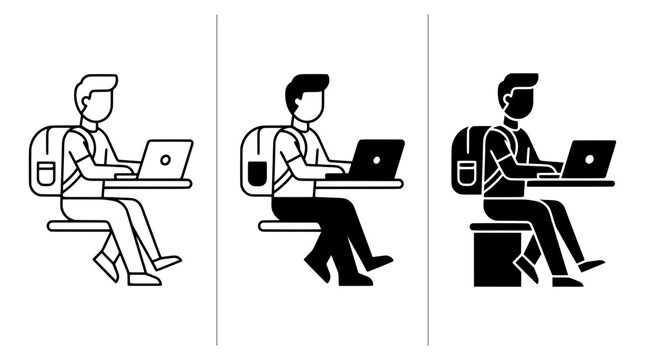 Digital nomad illustrations set with person working on laptop at desk, remote work and freelance lifestyle