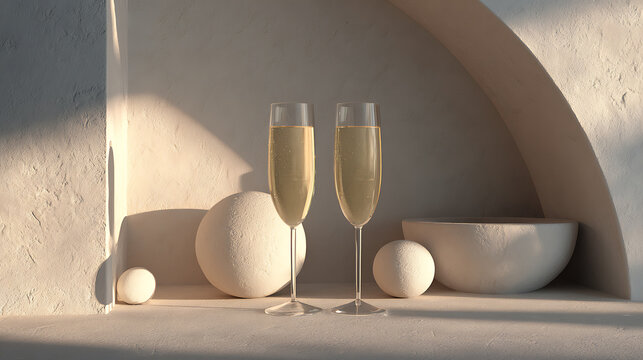 Champagne glasses gently clinking as the main subject, integrated into a minimal sculptural setting with abstract forms enhancing composition, focused spotlight lighting defining contours and subtle d