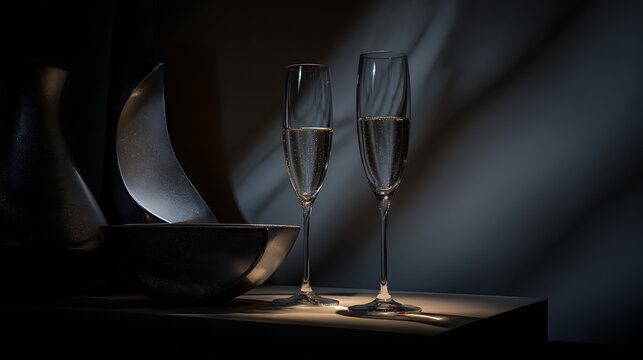 Champagne glasses gently clinking as the main subject, integrated into a minimal sculptural setting with abstract forms enhancing composition, focused spotlight lighting defining contours and subtle d