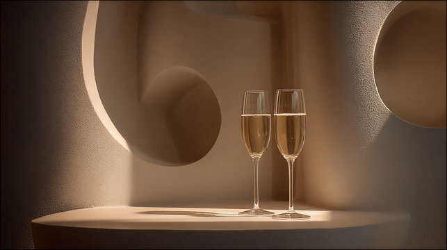 Champagne glasses gently clinking as the main subject, integrated into a minimal sculptural setting with abstract forms enhancing composition, focused spotlight lighting defining contours and subtle d
