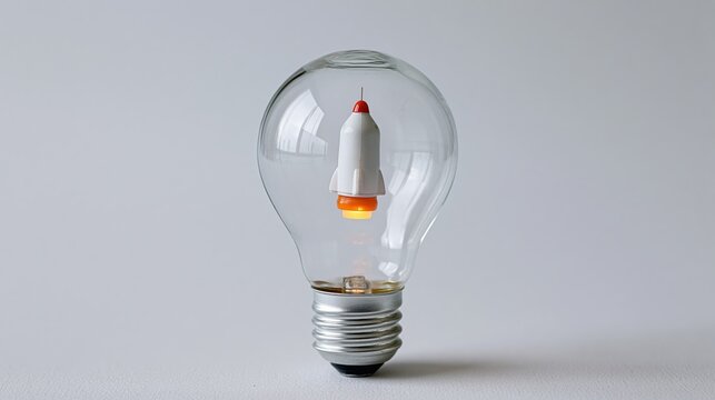 A toy rocket suspended inside a clear lightbulb on a plain surface