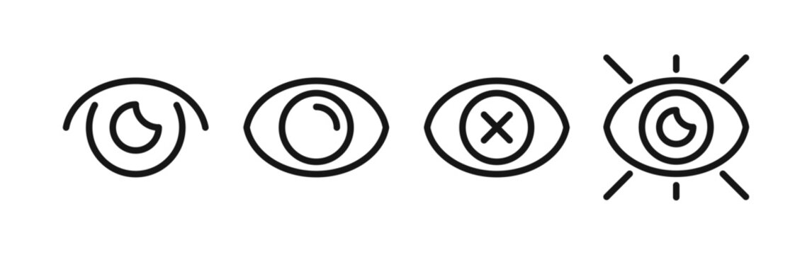 Eye visibility icon set, open eye, crossed eye symbol, hidden view and visual inspection marks, privacy settings, display controls and eyesight concepts, outlined contoured flat vector illustration.