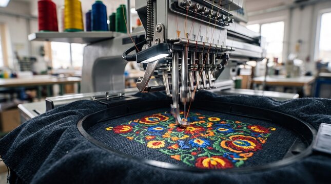 Industrial embroidery machine stitching a colorful floral pattern onto dark fabric in a workshop with machine creates vibrant vibrant multi colored