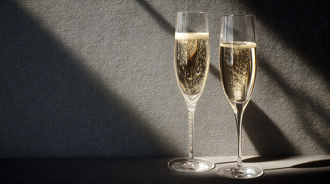 Champagne glasses gently clinking as the main subject, positioned against a minimalist backdrop with linear shadow patterns adding subtle structure, directional lighting casting controlled shadows and