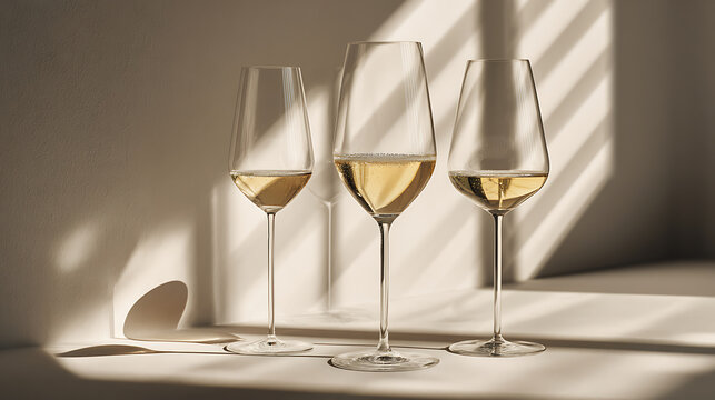 Champagne glasses gently clinking as the main subject, positioned against a minimalist backdrop with linear shadow patterns adding subtle structure, directional lighting casting controlled shadows and