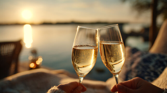 Champagne glasses gently clinking as the main subject, positioned beside a calm lakeside setting during sunset designed for a shared moment, golden lighting creating warm highlights and soft reflectio