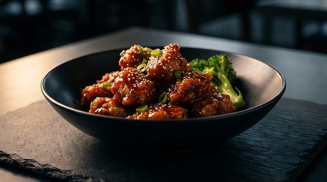 Delicious stir fried beef chunks with broccoli served in a black bowl on a dark rustic stone table. general tso