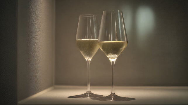 Champagne glasses gently clinking as the main subject, visually suspended within a simplified environment with no visual clutter, soft ambient lighting creating weightless reflections and gentle tonal