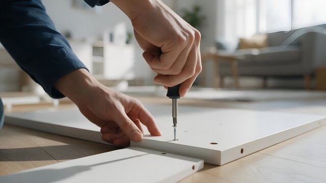 Close up shot of hands assembling white wooden furniture using metal screws and screwdriver in bright modern living room during daytime project