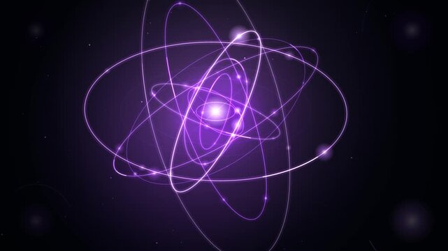 Glowing purple atom with electrons orbiting a nucleus in a seamless looping animation.