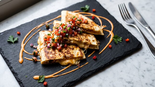 Crisp cheesy quesadillas served on a dark slate platter, topped with fresh pico de gallo salsa and drizzled sauce alongside cutlery on a marble surface.