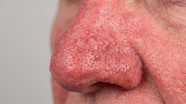 Extreme close up of a man's severely swollen and red rhinophyma bulbous nose