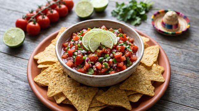 Fresh pico de gallo salsa in a bowl garnished with lime slices, served with crispy tortilla chips on a rustic wooden table.