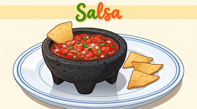 Cartoon illustration of fresh tomato salsa in a traditional black molcajete bowl served on a ceramic plate with crispy tortilla chips.